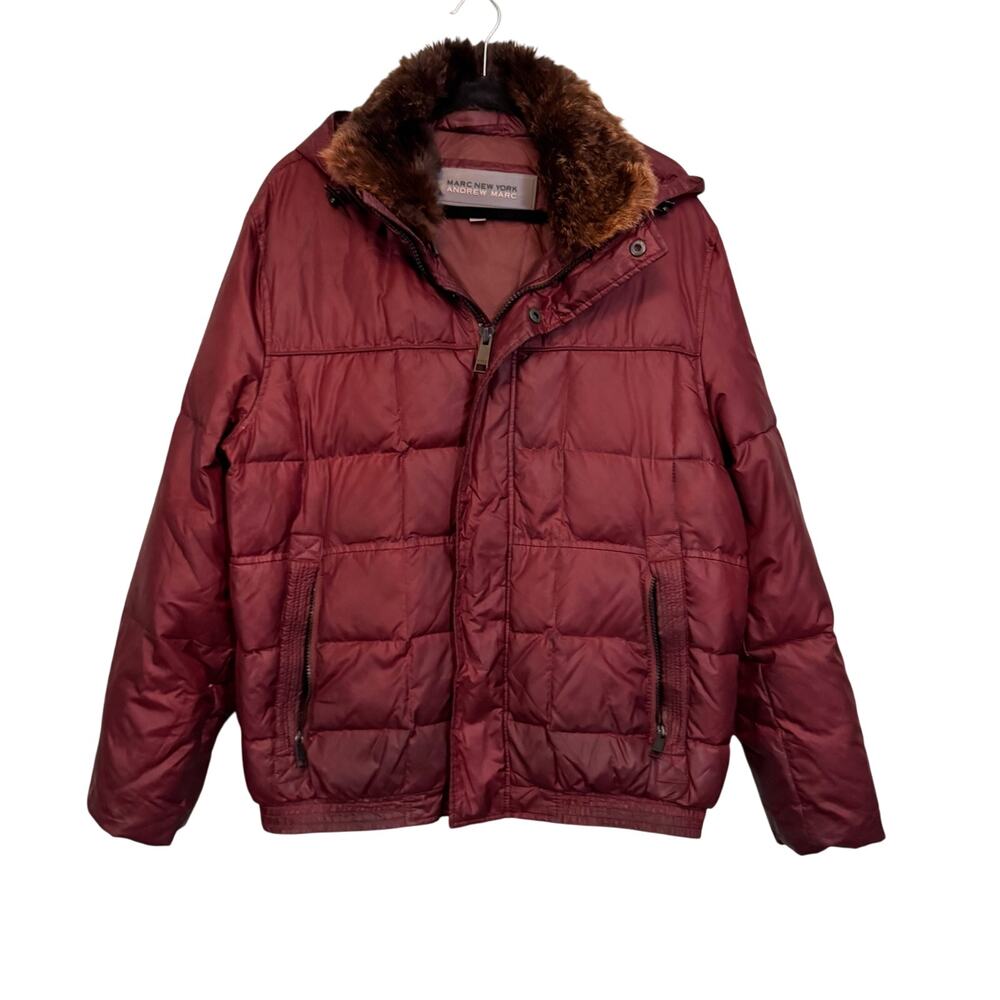Andrew Marc NY Down Puffer Jacket Mens L Red Fur Collar Gorpcore Outdoor Winter